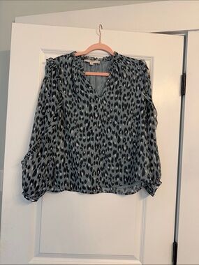 LOFT Slate Blue Leopard Print V-Neck Blouse